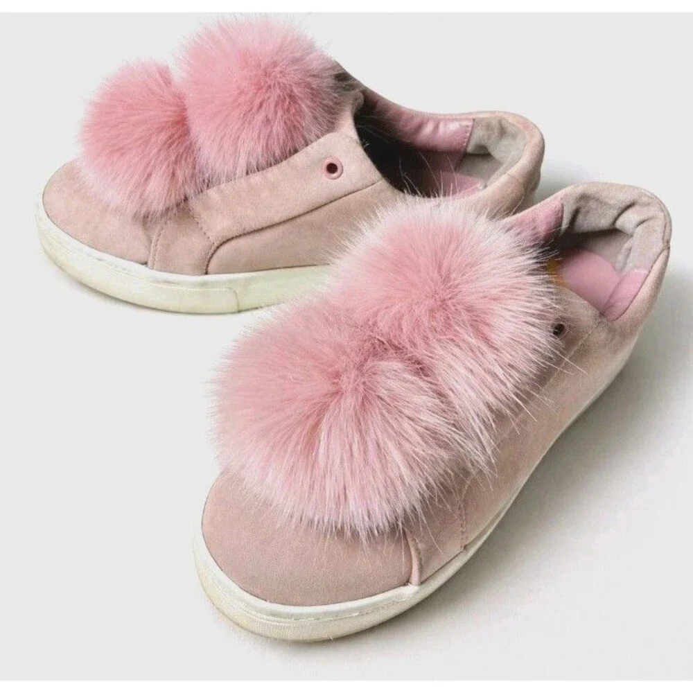 Sam Edelman Pink Suede Pom Pom Slip On Sneakers Womens 6 Blush Faux Fur